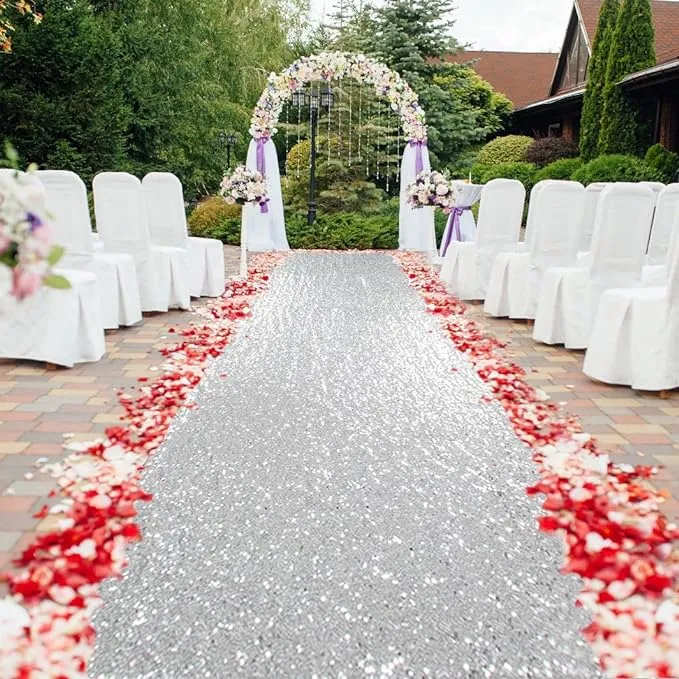 Partisout Aisle Runners for Weddings 2FTx15FT Sequin Aisle Runner Glitter Aisle Runner Rustic Outdoor Rug Runner Aisle Runner for Ceremony Sparkle Carpet Runner Payette Runner (2ftx15ft, B Silver)