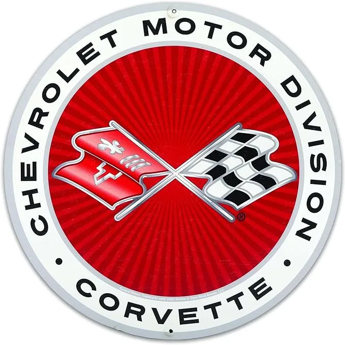 Chevrolet Motor Division Corvette Logo Round Metal Sign - Classic Corvette Sign for Garage, Shop or Man Cave