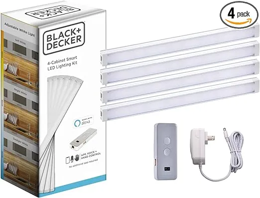 BLACK+DECKER Compatible with Alexa Smart LED Under Cabinet Lighting Kit, Motion Sensor, Dimmable , 3 Color Settings, For Kitchen, Cabinets and Closets, (4) 9" Bars, White, A Device