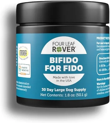 Four Leaf Rover: Bifido for Fido - Multi-Strain Dog Probiotics and Prebiotics for Immune Support - 50 Billion CFUs - 22 to 120 Day Supply, Depending on Dog’s Weight - Vet Formulated - for All BreedsFour Leaf Rover: Bifido for Fido - Multi-Strain Dog Prob