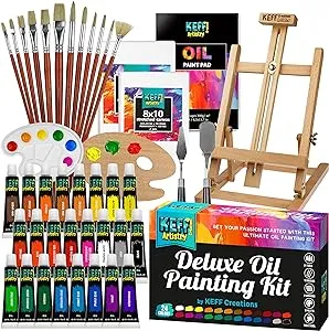 KEFF Oil Paint Set for Adults and Kids - Art Supplies Painting Kits with 24 Oil Paints, Stretched Canvas, Art Easel, Brushes, Palette, Knives and Paper Pad