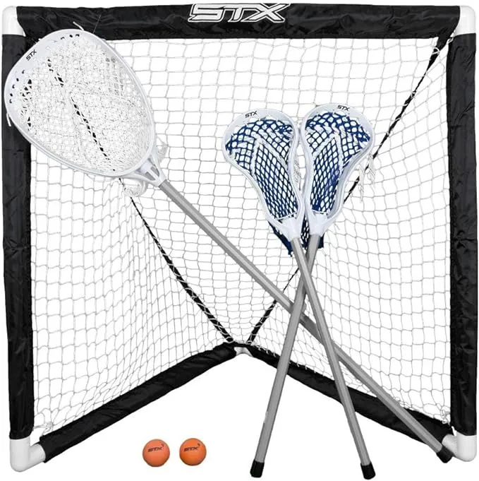 STX FiddleSTX Three Player Game Set with Two Field Player Sticks One Goalie Stick Mini Goal and Balls , White/Grey