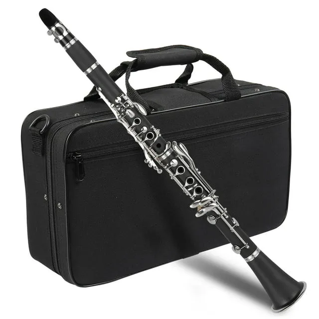 Ktaxon Bb Flat Clarinet Mid-range Bakelite Beginner & Student Clarinet, Nickel-Plated 17 Keys B Tone Clarinets with Hard Case, 10 Reeds, Gloves, 2 Mouthpieces Connector (Black)