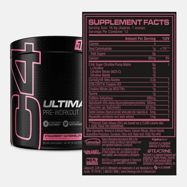 Cellucor C4 Ultimate Pre Workout Powder Watermelon - Sugar Free Preworkout Energy Supplement for Men & Women - 300mg Caffeine + 3.2g Beta Alanine + 2 Patented Creatines - 20 Servings