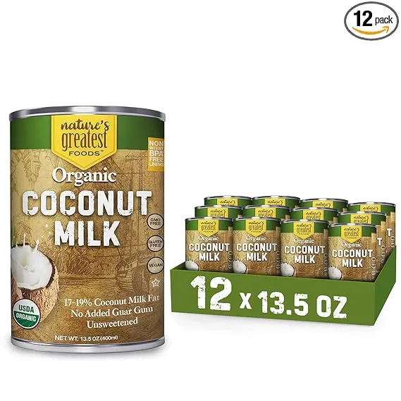 Organic Coconut Milk by Nature’s Greatest Foods - 13.5 Oz - No Guar Gum, No Preservatives – Gluten Free, Vegan and Kosher - 17-19% Coconut Milk Fat, Unsweetened (Pack of 12)