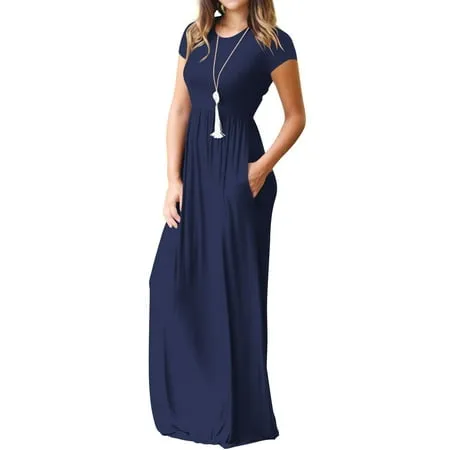 Mengpipi Women's Maxi Dresses Short Sleeve Long Casual Dresses Loose Plain with Pockets, Navy Blue-XXL(US 20-22)