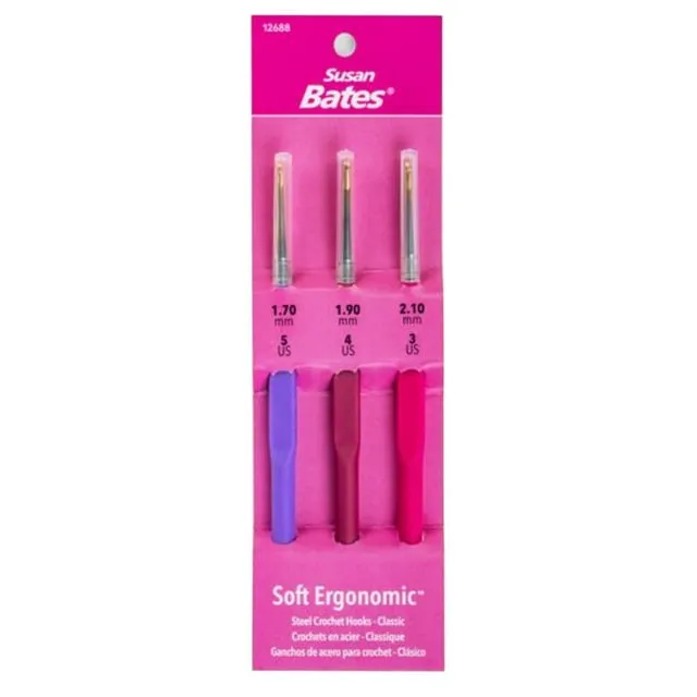 Susan Bates Steelite Soft Ergonomic Steel Crochet Hook Set 1.7mm, 1.9mm, 2.1mm