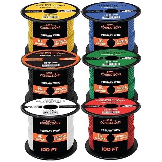 16 Gauge Automotive Primary Wire (100ft Each – 6 Color Bundle Set) | Ideal for Trailer, Speaker, and Lighting Circuits | Durable Primary/Remote, Power/Ground Electrical Wiring