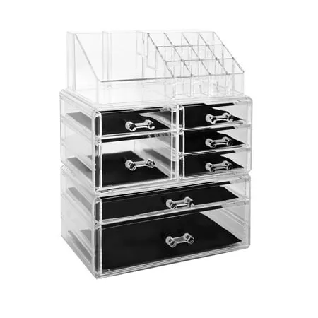 Cosmetic Storage Organizer Makeup Case ROSELIFE [THA] 3 Pieces Kit Jewelry Display 7 Drawers 16 Slots Detachable Clear