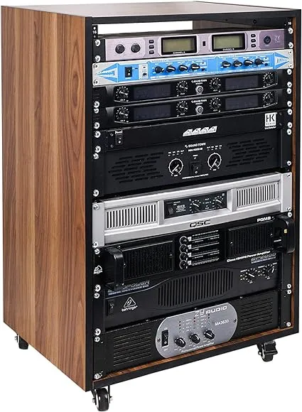 Sound Town DIY 16U Studio Rack with Furniture Grade Walnut Laminate, Rubber Feet, Casters (SDRK-16WN)