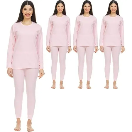 3 Pack of 2pc Thermal Sets for Women Base Layer Long Johns Underwear Top & Bottom Cotton Solid Colors (Small Pink)