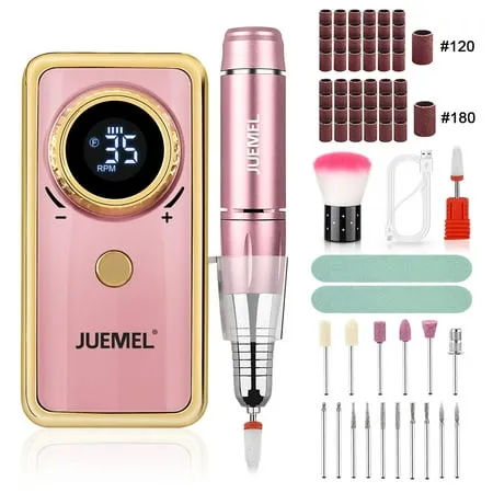 Portable Electric Nail Drill 35000 RPM, Juemel Electric Nail File 2600mAh,Forward/Reverse Rotation 36W Nail Drill Machine for Gel Nails,Acrylic,Manicure,Pedicure,Polishing Shape,Nail Drill Kits 120pcs