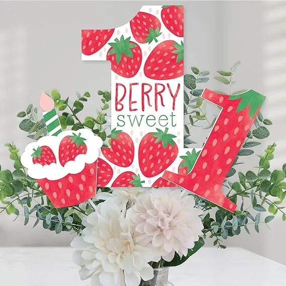 Big Dot of Happiness Berry First Birthday Sweet Strawberry Fruit 1st Birthday Party Centerpiece Sticks Table Toppers