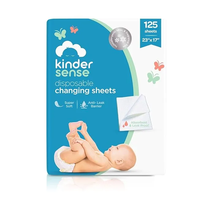 KinderSense® Disposable Changing Sheets for Baby Diaper (125 Sheets) | Thin Portable Changing Pad Liners (23" x 17.5") | Paper Top Layer - Waterproof Bottom Layer | Leak Proof Infant Changing Mat