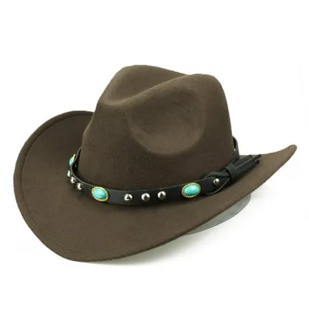 Sanwood Mens Hat Brown Fashion Rivet Roll Up Wide Brim Western Cowboy Cowgirl Hat Sombrero Jazz Cap