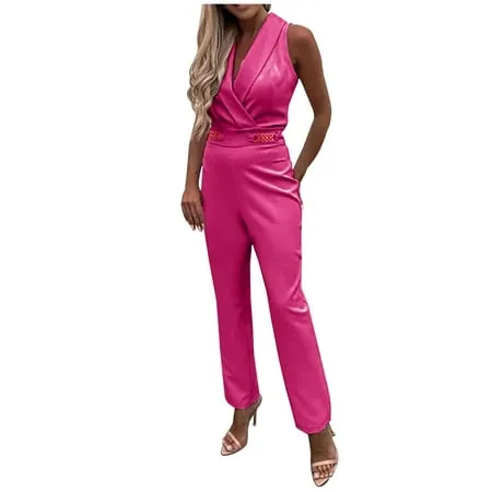 Xinlees Women's Elegant Pleated Jumpsuit Casual Straight Trousers Business Romper Stretchy Ankle Cuffs