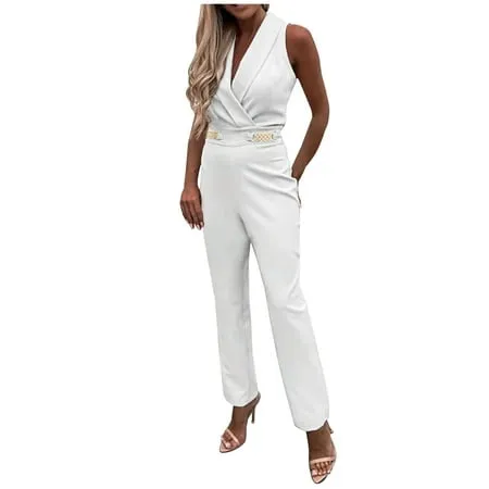 Formal Jumpsuits for Women Elegant Sleeveless Sexy V Neck Casual Long Pants Trousers Rompers for Work with Pockets