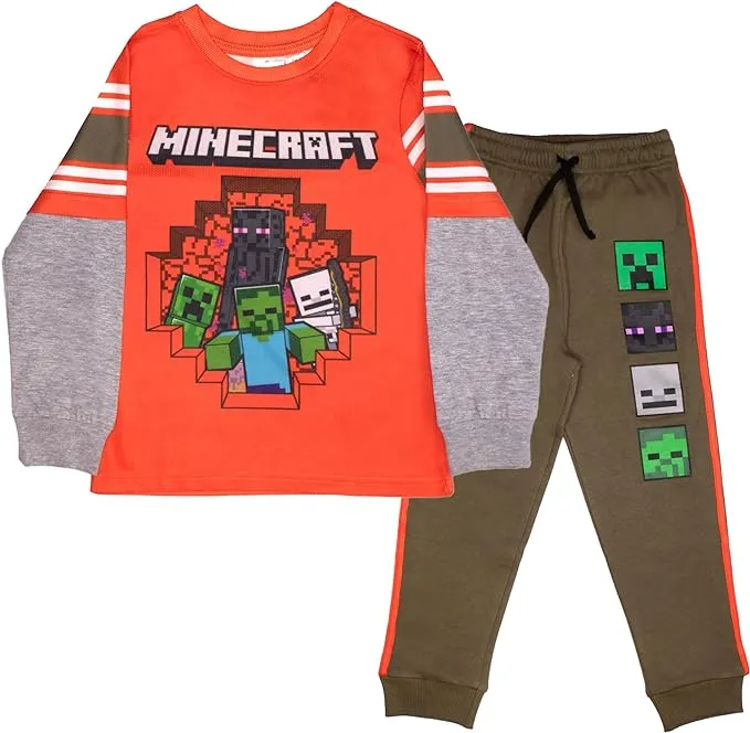 Minecraft Jolly Mobs SSS Creepeer Boys Athletic Long Sleeve and Sweatpants 2-Piece Set for Kids (Size 4-16)