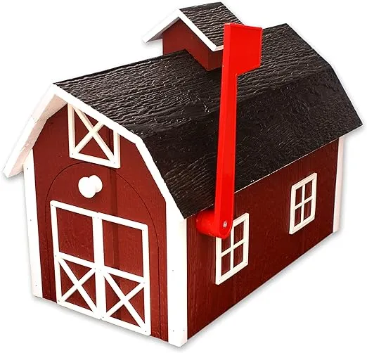 Amish-Made Deluxe Wooden Mailbox, Dutch Barn Style (Red with White Trim)