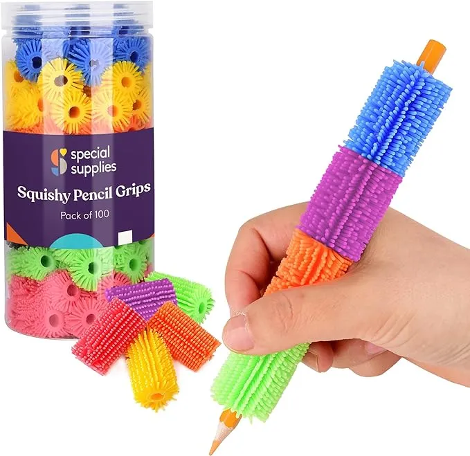 Special Supplies 100 Squishy Pencil Grips for Kids and Adults - Colorful, Cushioned Holders for Handwriting, Drawing, Coloring - Ergonomic Right or Left-Handed Use - Reusable (100-Pack)