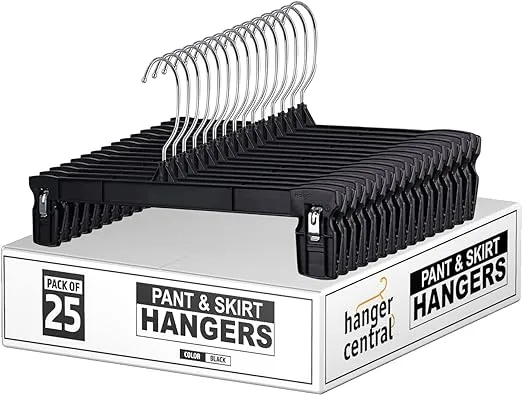 Hanger Central 25 Pack Heavy Duty Plastic Bottoms Hangers with Ridged Pinch Clips Pants Hangers, 12 Inch, Black