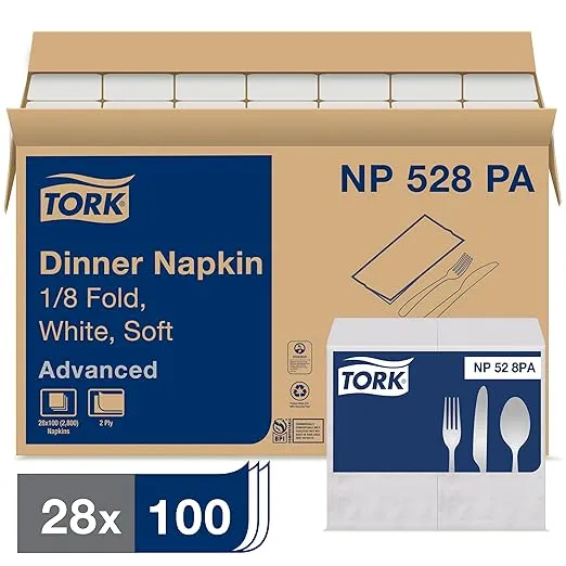 Tork White Soft Dinner Napkin, 1/8 Fold 2-ply, 15" x 17, 28 x 100 napkins, NP528PA