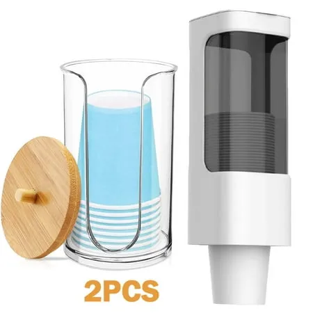 2 Pack Plastic Disposable Paper Cup Dispenser Pull Type Disposable Cup Holder Cup Wall Mounted Water Cooler Cup Dispenser Plastic Cup Organizer with Paste Plate for Bathroom Kitchen Office