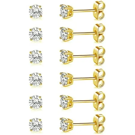 18K White Gold / Yellow Gold Plated 4mm Round Cut Cubic Zirconia Stud Earrings Pack of 6 Pairs