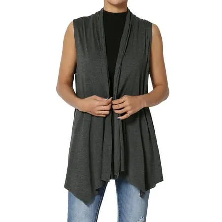 TheMogan Women's Long Vests Sleeveless Draped Lightweight Open Front Cardigan