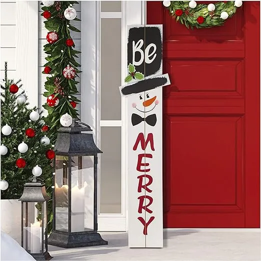 Glitzhome 42" H Wooden Welcome Sign Snowman Vertical Porch Sign Farmhouse Merry Hanging Signs Christmas Decorations for Front Door Wall Display