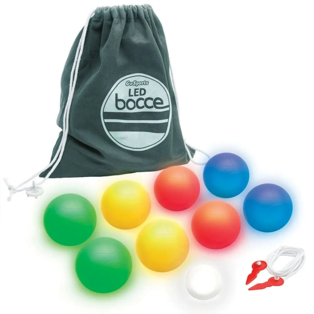 GoSports 85mm LED Bocce Ball Game Set - Includes 8 Light Up Bocce Balls (8.5oz each), Pallino, Case and Measuring Rope