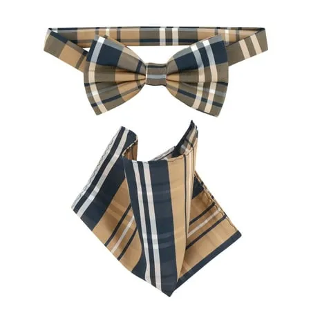 Vesuvio Napoli BowTie Navy Brown White Plaid Design Mens Bow Tie & Handkerchief