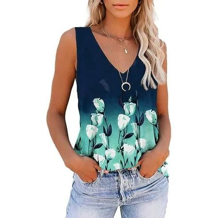 Roliyen Women Tops Tees Tank Tops For Women Fashion Sleeveless V-Neck Workout Tops Floral Printed Casual Athletic T-Shirts