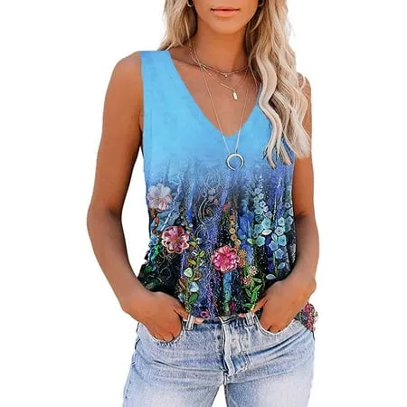 Roliyen Women Tops Tees Tank Tops For Women Fashion Sleeveless V-Neck Workout Tops Floral Printed Casual Athletic T-Shirts