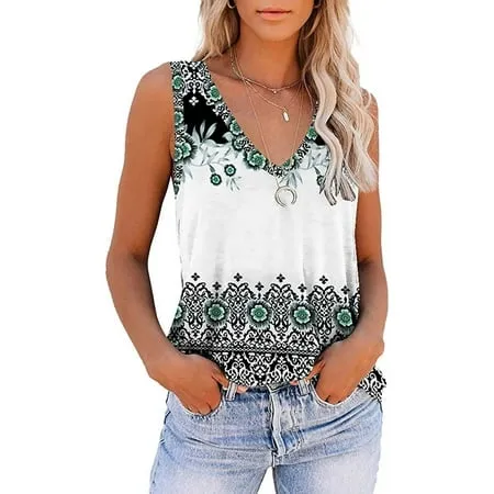 Roliyen Women Tops Tees Tank Tops For Women Fashion Sleeveless V-Neck Workout Tops Floral Printed Casual Athletic T-Shirts