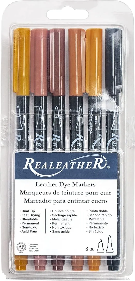 Realeather F2400-01 Leather Dye Pens, Double Sided with Fine and Brush Tips, Earth Tone Colors, 6-Pack