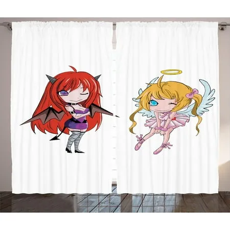 Anime Curtains 2 Panels Set Angel Girl with Wings and Demon Girl with Horns Fairytale Comic Japanese Manga Art Print Window Drapes for Living Room Bedroom 108W X 84L Inches White by Ambesonne