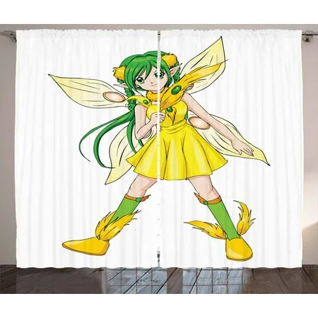 Anime Curtains 2 Panels Set Fantasy Illustration of a Fairy Girl in a Yellow Dress Japanese Manga Window Drapes for Living Room Bedroom 108W X 84L Inches Yellow Lime Green Ivory by Ambesonne