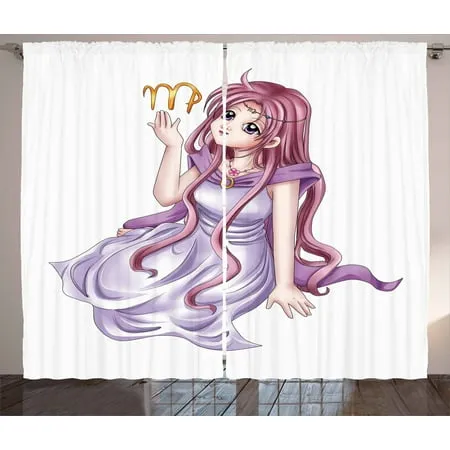 Zodiac Virgo Curtains 2 Panels Set Manga Style Illustration of Zodiac Symbol Virgo Lovely Young Girl Character Window Drapes for Living Room Bedroom 108W X 84L Inches Multicolor by Ambesonne