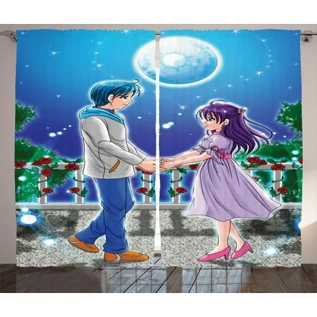 Anime Curtains 2 Panels Set Illustration of Romantic Couple Holding Hands under Moonlight Love in Manga Themed Print Window Drapes for Living Room Bedroom 108W X 84L Inches Blue by Ambesonne