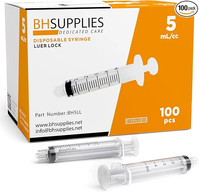 BH Supplies 5mL Luer Lock Tip Syringes (No Needle) - Sterile, Individually Wrapped - 100 Syringes