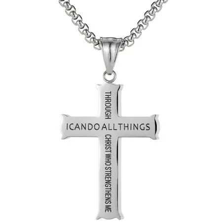 Men s Stainless Steel Cross Philippians 4:13 Strength Bible Verse Pendant Necklace Silver