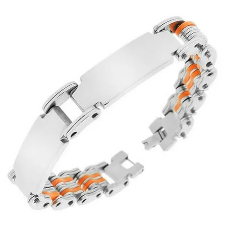 Stainless Steel Silver-Tone Orange Name Tag Link Chain Mens Bracelet with Clasp