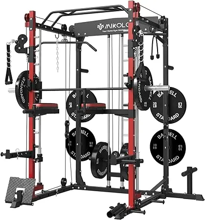 Mikolo Smith Machine with Weight Bar and 8 Weight Storage Pin, 2000 Pounds Capacity Multi-Function Power Cage Squat Rack with Cable Crossover, T-bar Row Attachment and Other Attachments