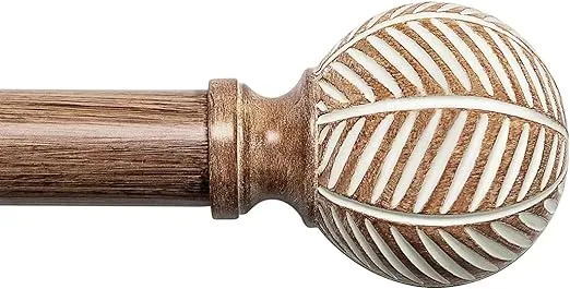 Wood Curtain Rods for Windows: 1 Inch Diameter Adjustable Drapery Rods 48" to 86", Decorative Window Curtain Rods with Imitation Wood Grain Leaf Pattern Finials,Heavy Duty Single Curtain Rods for