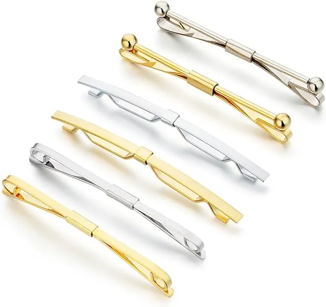 AnotherKiss Tie Collar Bar Pin Set for Men - 6 Pieces of Gold and Silver Two Tone