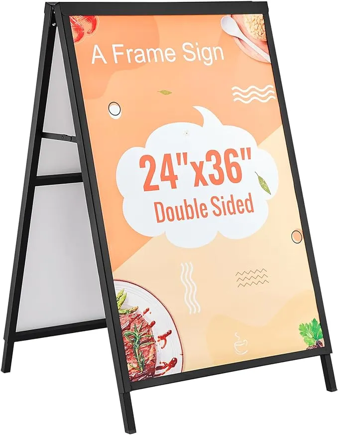 VEVOR A Frame Sidewalk Sign, 24x36 Inch Heavy Duty Slide-in Signboard Holder, Double-Sided Folding Sandwich Board Signs, Steel Pavement Sign Poster for Outdoor Business Street Advertising (Frame only)