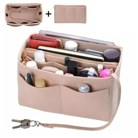 Purse Organizer Insert with Zipper Felt Bag Organizer Handbag Organizer Insert Bag In Bag Organizer with Key Chain for Tote Fits LV Speedy Neverfull Longchamp 12.60X5.90X6.70 Inches