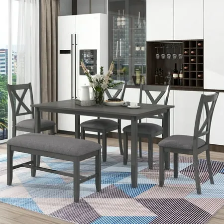 BTMWAY 6 Piece Dining Table Set with Bench New Upgraded Wooden Dining Room Table Set with 4 Upholstered Chairs and Cushioned Bench Modern Solid Wood Kitchen Table and Chairs Set Gray