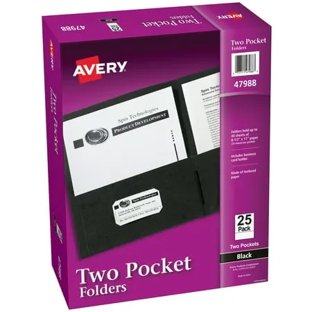 Avery Two Pocket Folders, Holds up to 40 Sheets, Business Card Slot, Case Pack of 125 Black Folders (47988)